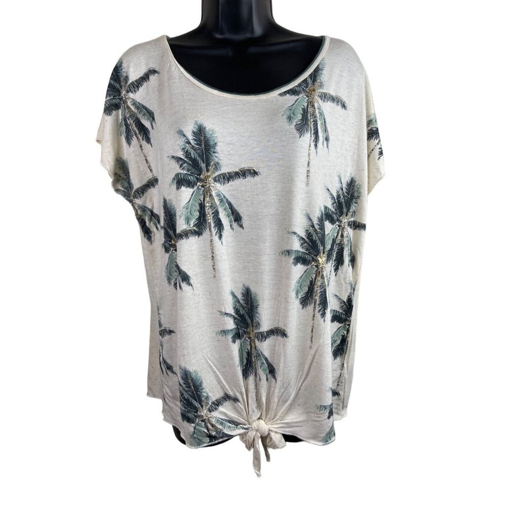 Skinny Minnie Top Womens Size Large L Short Sleeve Cream Green Gold Palm Trees